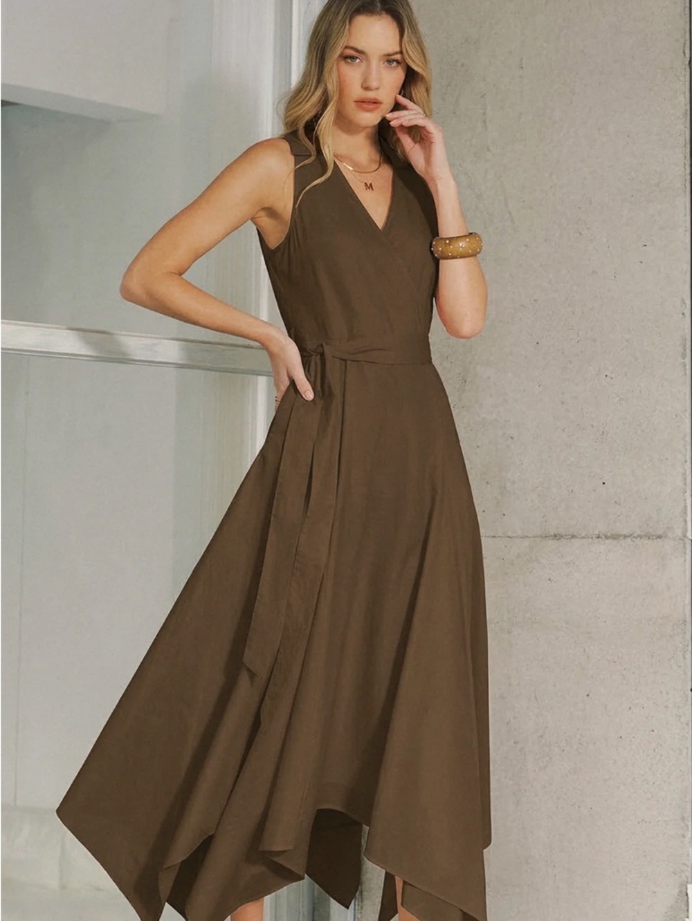 Commense Brown Sleeveless V-Neck Maxi Wrap Dress